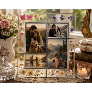 Vintage Carr Handcrafted Stained Glass Pressed Flower Collage Picture Frame